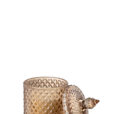 Frasco de vidro castanho translúcido com tampa decorativa e tassel