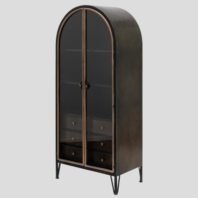 Vitrina metálica preta com portas de vidro e gavetas