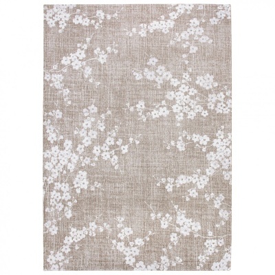 tapete retangular bege com padrão floral branco