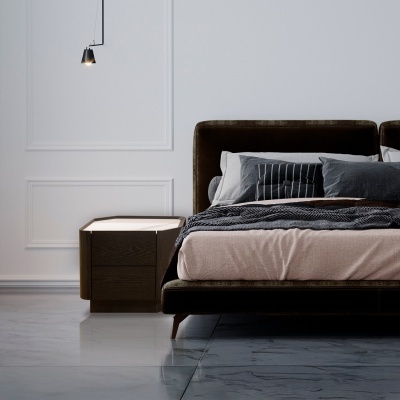 Quarto moderno com cama castanha e mesa de cabeceira de madeira escura