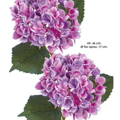 Flor artificial rosa lilás com folhas verdes e dimensões indicadas