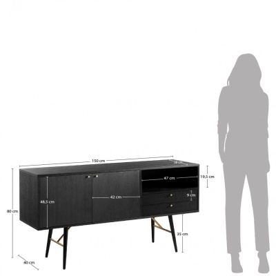 Aparador preto com portas, gavetas e pernas detalhadas, medidas visíveis.