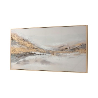 Tela decorativa abstrata com moldura de madeira e pintura em tons cinza, branco, dourado e bege