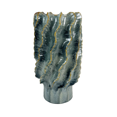 Vaso cinzento ondulado de cerâmica com bordas amarelas