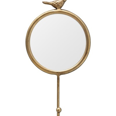 Espelho redondo dourado com gancho e decoração de pássaro
