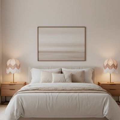 Quarto com cama de casal, almofadas bege, mesas de cabeceira em madeira, candeeiros e quadro abstrato nude.