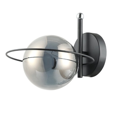 Applique de parede preto com cúpula esférica de vidro cinza e anel preto