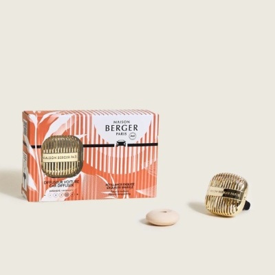 Kit difusor de aroma para carro dourado com embalagem laranja e branca sobre superfície bege