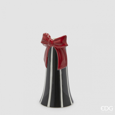 Campainha cerâmica preta com riscas brancas e laço vermelho no topo
