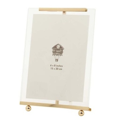 Moldura de fotografia em vidro transparente com suporte metálico dourado