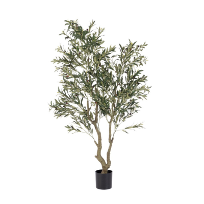 Árvore artificial em vaso preto sobre fundo branco