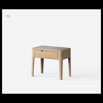 Mesa de cabeceira em madeira clara com gaveta e tampo cinza