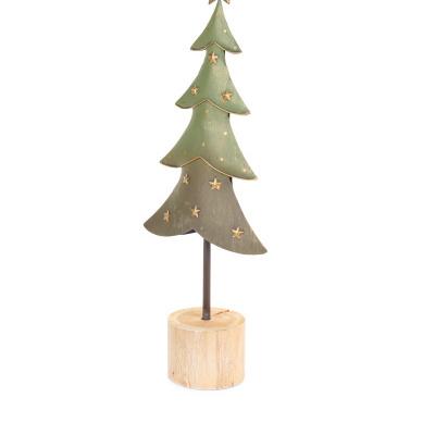Árvore de Natal decorativa em metal verde e cinza com estrelas douradas e base de madeira