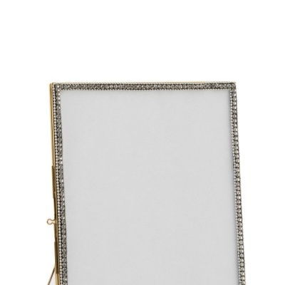 Porta-retratos quadrado dourado com pedras brilhantes na moldura e suporte triangular