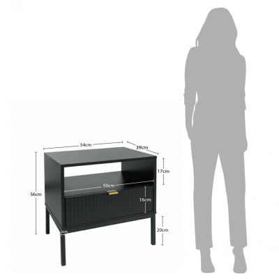 Móvel preto com prateleira e gaveta, dimensões indicadas