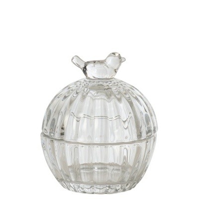 Frasco de vidro transparente com tampa com figura de pássaro