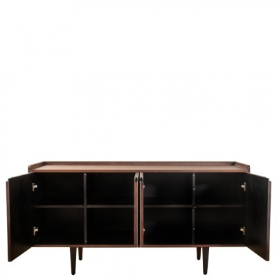 Armário de madeira escura com portas abertas e seis compartimentos internos