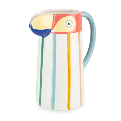 Jarro de cerâmica decorado em forma de tucano com riscas verticais coloridas