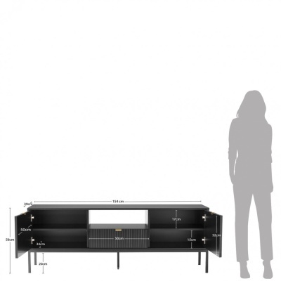 Móvel preto com portas e prateleira central, dimensões indicadas.