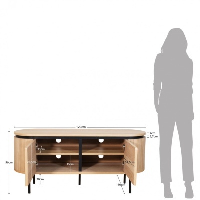 Móvel de madeira clara com tampo oval e portas abertas