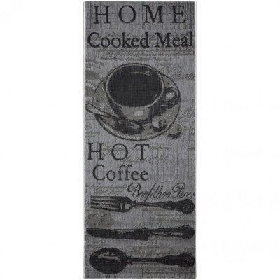 Tapete cinzento com desenhos de chávena de café e talheres com texto decorativo