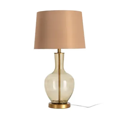 Candeeiro de mesa com base em vidro âmbar e cúpula castanha