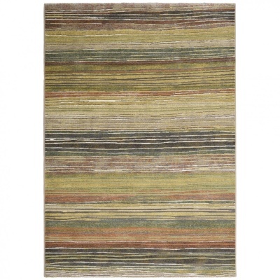 Tapete felpudo com riscas horizontais em verde, castanho, bege e cinza