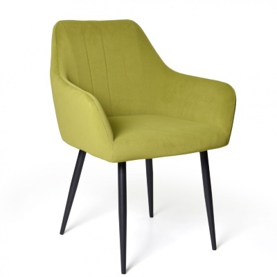 Cadeira estofada verde com pernas pretas finas de metal