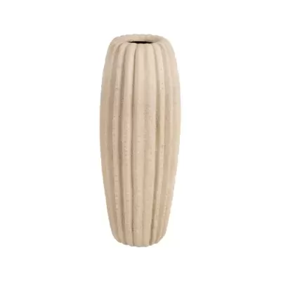 Vaso decorativo alto bege com textura estriada vertical
