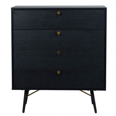 Cómoda preta de quatro gavetas com botões dourados e base metálica dourada
