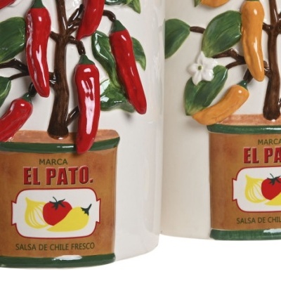 Frascos cerâmicos decorativos com pimentas coloridas em relevo