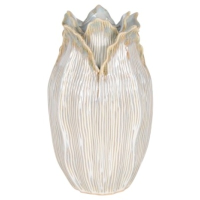 Vaso de cerâmica branco texturizado com borda ondulada bege