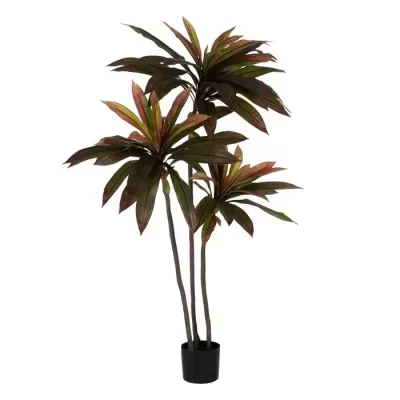 Planta artificial com folhas verdes e vermelhas num vaso preto
