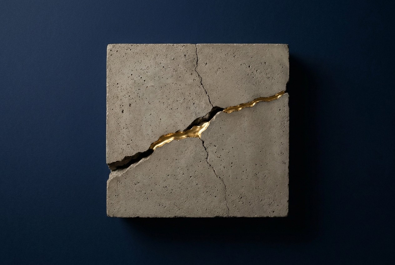 Placa de betão fissurada, com a fenda reparada a latão fundido à maneira do kintsugi