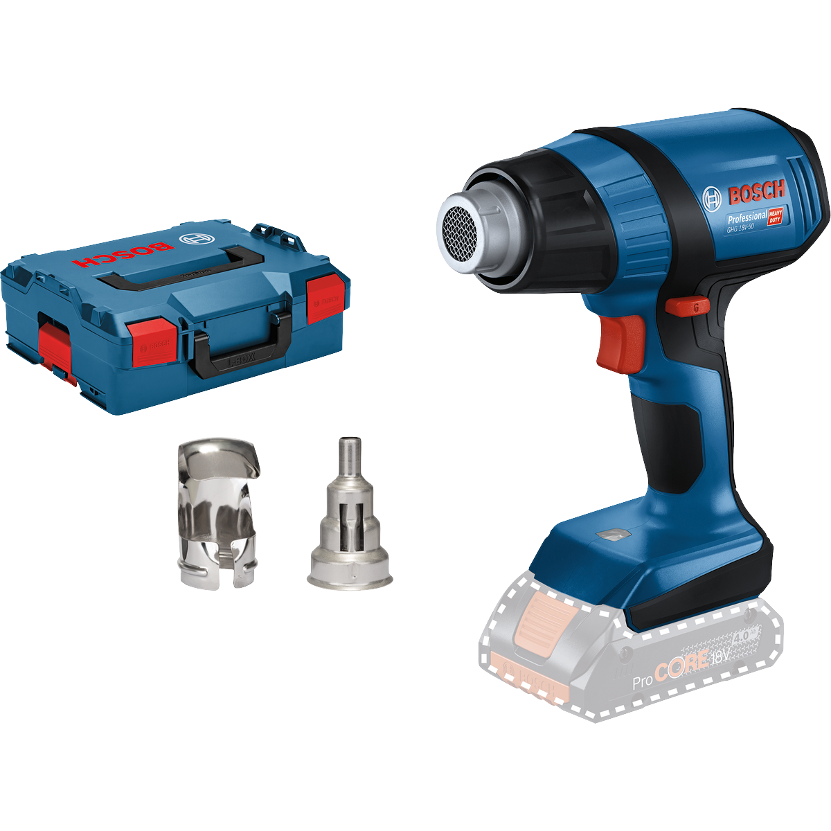 BOSCH PRO GHG 18V-50 + 2x BICOS + L-BOXX Pistola de ar quente Ferramenta elétrica Bosch Professional azul com estojo e ponteiras