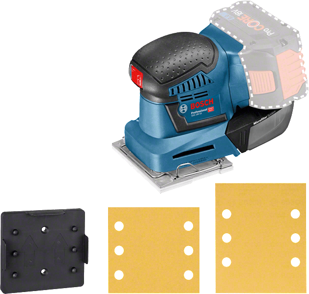 BOSCH GSS 18V-10 Lixadeira vibratória sem fio Lixadeira orbital Bosch azul e preto com lixas amarelas e base preta
