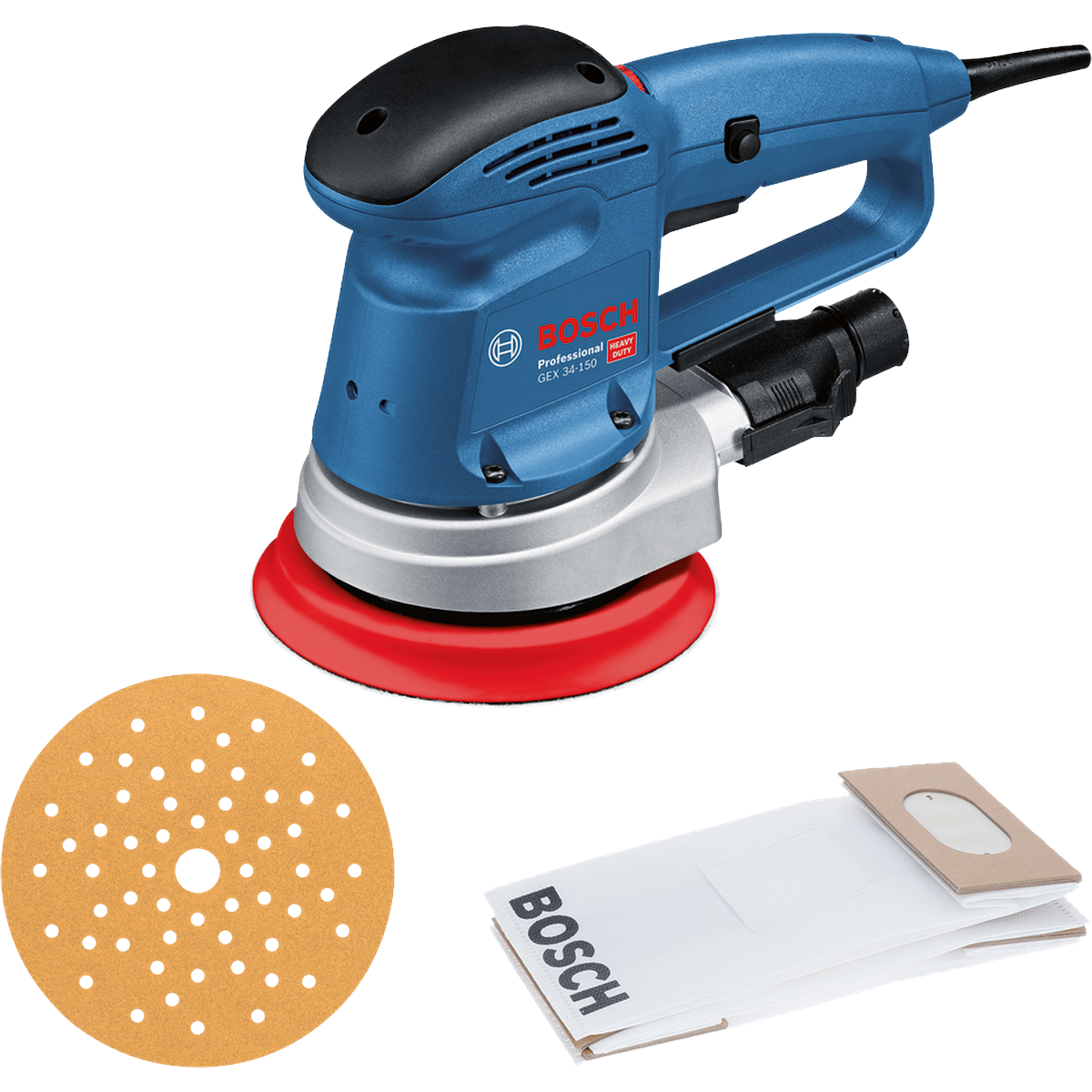 BOSCH PRO GEX 34-150 Lixadeira excêntrica Lixadora elétrica azul Bosch com disco de lixa castanho e saco de pó branco
