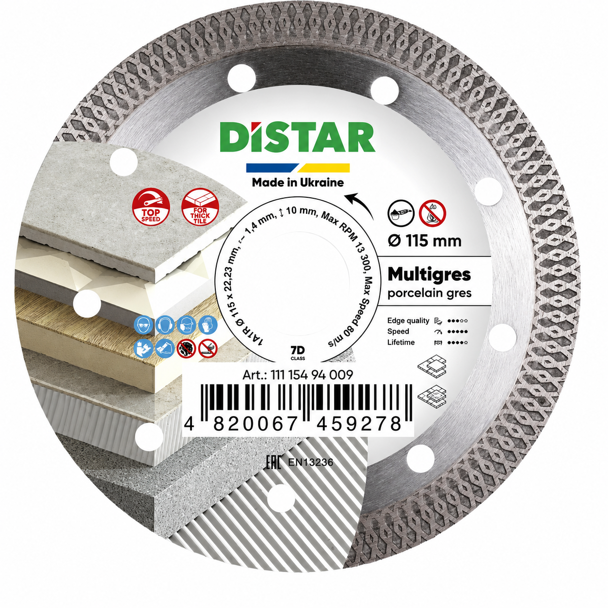 DISTAR 1A1R MULTIGRES Disco diamante Ø115/125mm Disco de corte DIStAR para porcelanato com 115 mm, fabricado na Ucrânia, detalhes técnicos e símbolos de uso