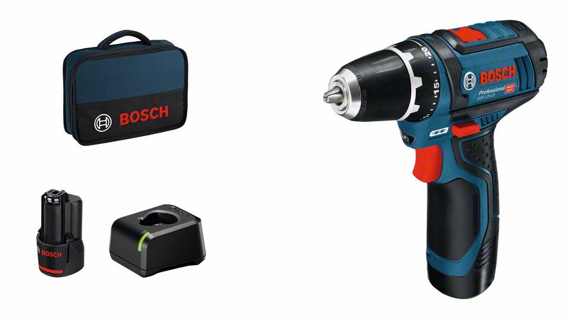 BOSCH GSR 12V-15 Aparafusadora sem fio com 2 baterias de lítio de 2,0Ah e carregador rápido Conjunto de furadeira/parafusadora Bosch com acessório e mala em fundo branco