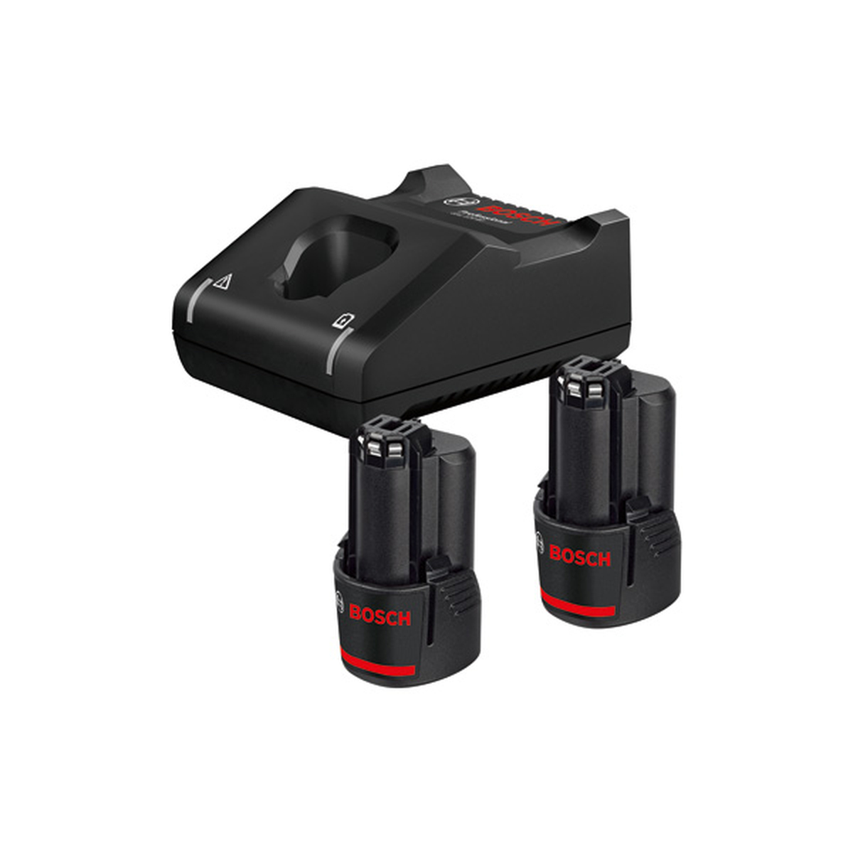 BOSCH Kit PRO de 2 Baterias GBA 12V 3.0Ah + GAL 12V-40 Carregador de baterias Bosch preto com duas baterias recarregáveis pretas e vermelhas