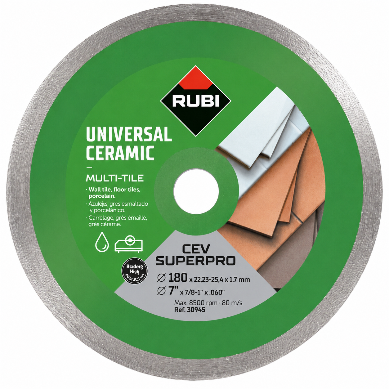 RUBI CONTINUO CEV SUPERPRO Disco diamante geral cerâmica Disco de corte para cerâmica universal da marca RUBI com etiquetas verdes e imagens de azulejos