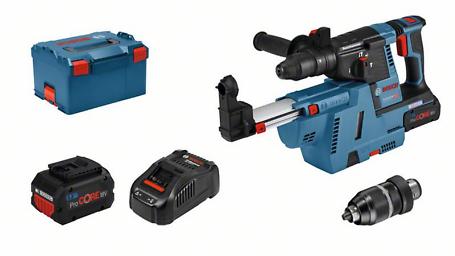 Bosch Martelo GBH 18V-26 F com2 baterias ProCORE18V 5.5Ah + Sistema de aspiração GDE 18V-16 Professional Conjunto de ferramenta elétrica Bosch com bateria, carregador e caixa azul
