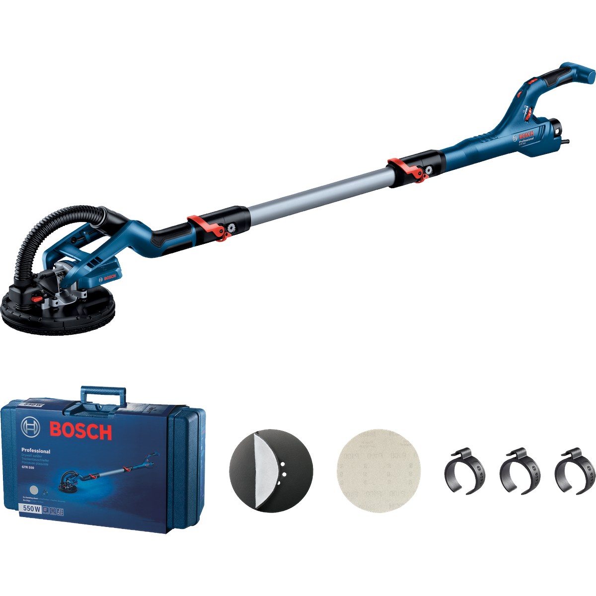 BOSCH PRO GTR 55-225 + MALA Lixadeira girafa Esmerilhadora de parede Bosch Professional azul e preta com acessórios e mala de transporte.