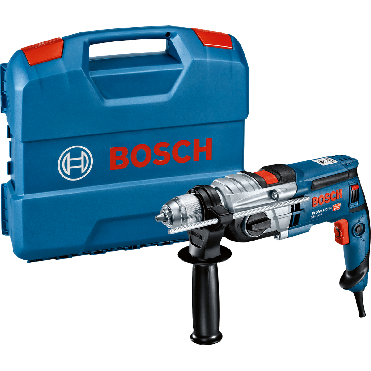 BOSCH PRO GSB 20-2 Berbequim de percussão Máquina de perfuração BOSCH Professional azul com caixa de transporte azul.