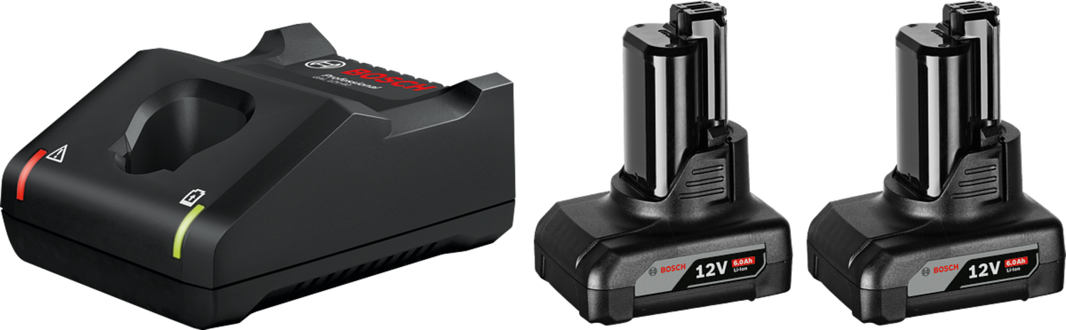 BOSCH Conjunto de 2 Baterias GBA 12V 6.0Ah + 1 Carregador GAL 12V-40 Base de carregamento preta e dois carregadores de bateria pretos com etiquetas 12V 500 MAH