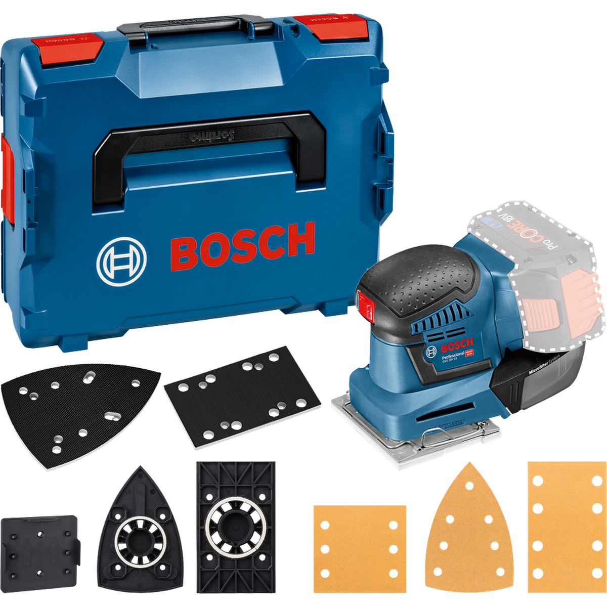 BOSCH PRO GSS 18V-10 + L-BOXX Lixadeira vibratória Conjunto de lixadora elétrica Bosch azul com estojo e acessórios