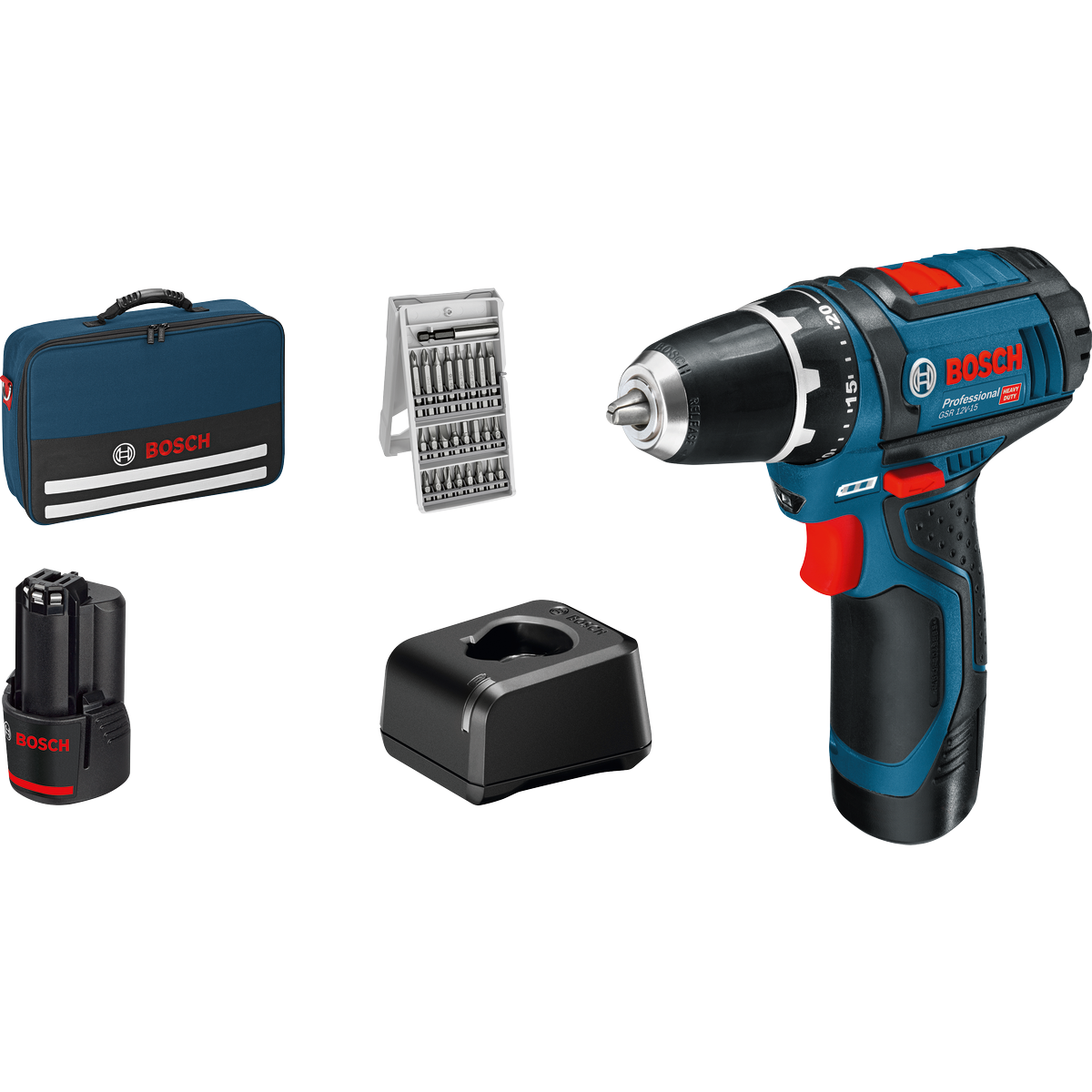 BOSCH PRO GSR 12V-15 + 2xGBA 2,0Ah + 25 Bits Aparafusadora Conjunto de furadeira Bosch profissional com bateria, carregador, pontas e bolsa de transporte