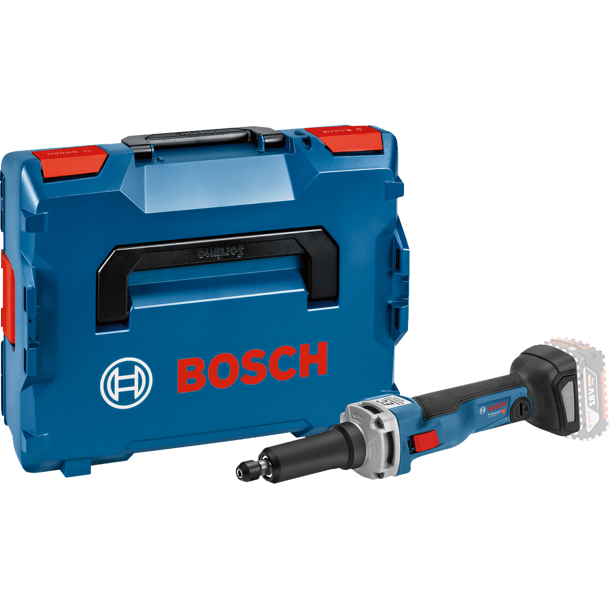 BOSCH PRO GGS 18V-23 LC + L-BOXX Retificadora direita Estojo azul Bosch com ferramenta elétrica preta e azul ao lado