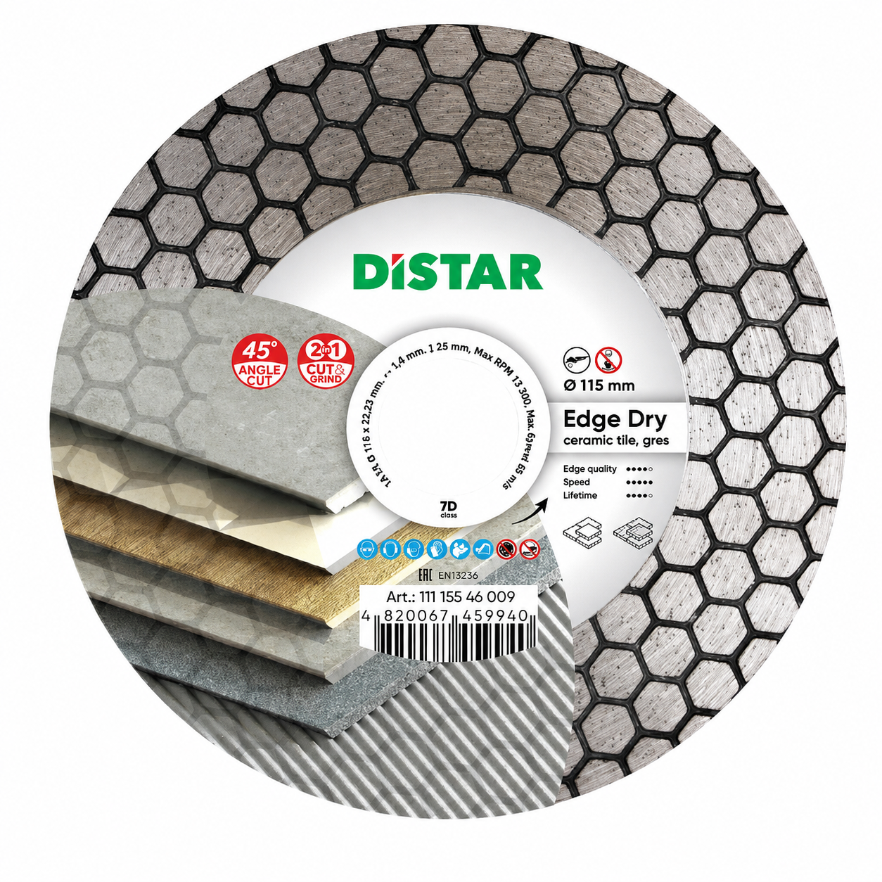 DISTAR 1A1R EDGE DRY Disco diamante Ø115/125mm Disco de corte diamantado DISTAR para cerâmica e gres com padrão hexagonal e etiquetas de instruções