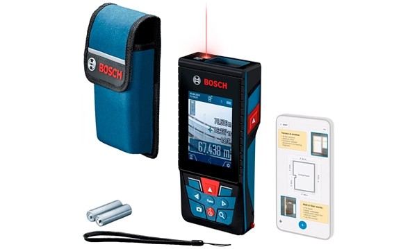 BOSCH GLM 150-27 C Medidor de distâncias laser Medidor a laser BOSCH com estojo azul e smartphone branco